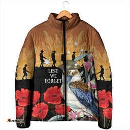 Australia Kookaburra ANZAC Day Padded Jacket Rising Sun 25th April Poppy Eucalyptus Blossoms LT14