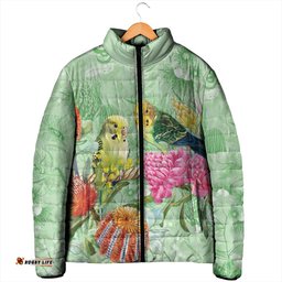 Birds and Floral Aussie Budgerigars Padded Jacket Mint Opal LT7