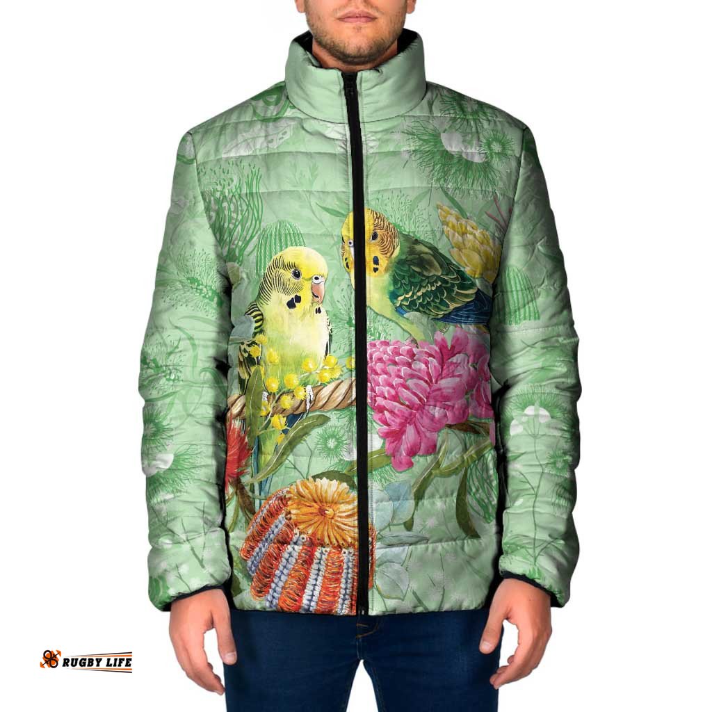 Birds and Floral Aussie Budgerigars Padded Jacket Mint Opal LT7