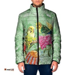 Birds and Floral Aussie Budgerigars Padded Jacket Mint Opal LT7