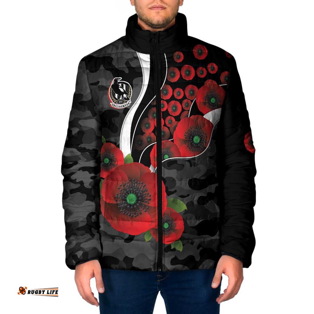 Collingwood Magpies ANZAC Personalised Padded Jacket Lest We Forget Poppy Camo LT9