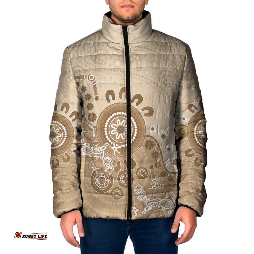 Beige Lizards Australia Padded Jacket Boomerang Indigenous Art LT14