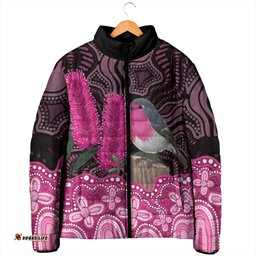 Australia Indigenous Padded Jacket Breast Cancer Pink Robin Bottlebrush Aboriginal Art LT14