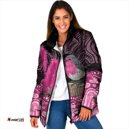 Australia Indigenous Padded Jacket Breast Cancer Pink Robin Bottlebrush Aboriginal Art LT14