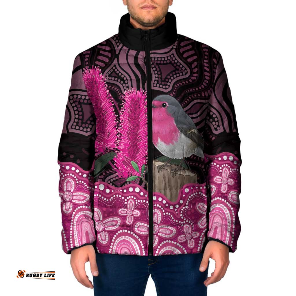 Australia Indigenous Padded Jacket Breast Cancer Pink Robin Bottlebrush Aboriginal Art LT14