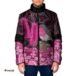 Australia Indigenous Padded Jacket Breast Cancer Pink Robin Bottlebrush Aboriginal Art LT14