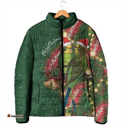 Green Budgerigars on Callistemon Padded Jacket Merry Christmas Aussie LT7