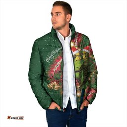 Green Budgerigars on Callistemon Padded Jacket Merry Christmas Aussie LT7