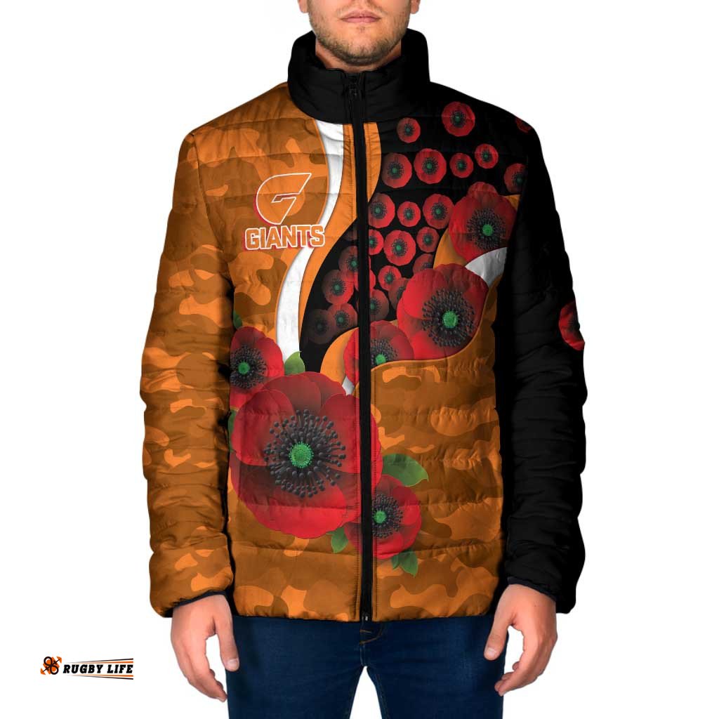 Greater Giants ANZAC Personalised Padded Jacket Lest We Forget Poppy Camo LT9