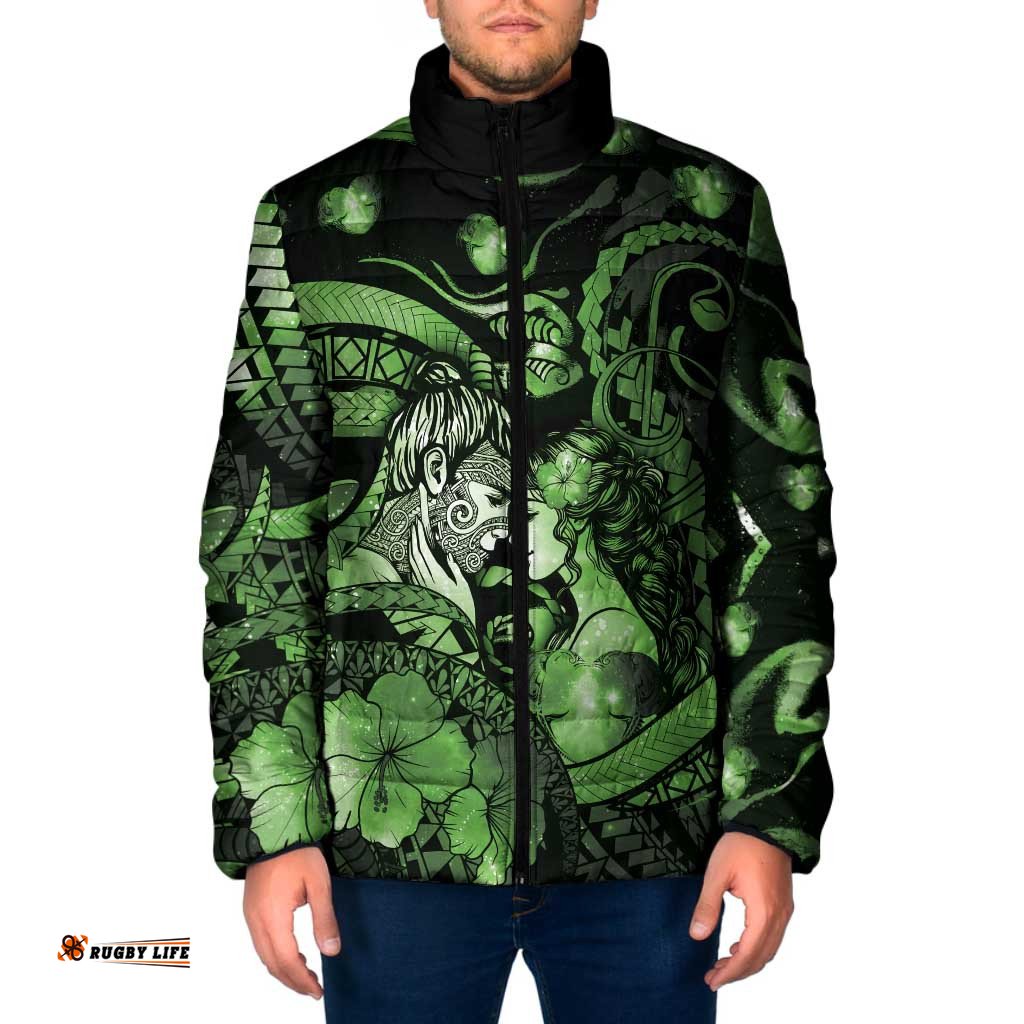 Personalised Maori Romantic Valentine Padded Jacket The Hongi Kiss Green Galaxy DT05