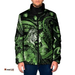 Personalised Maori Romantic Valentine Padded Jacket The Hongi Kiss Green Galaxy DT05