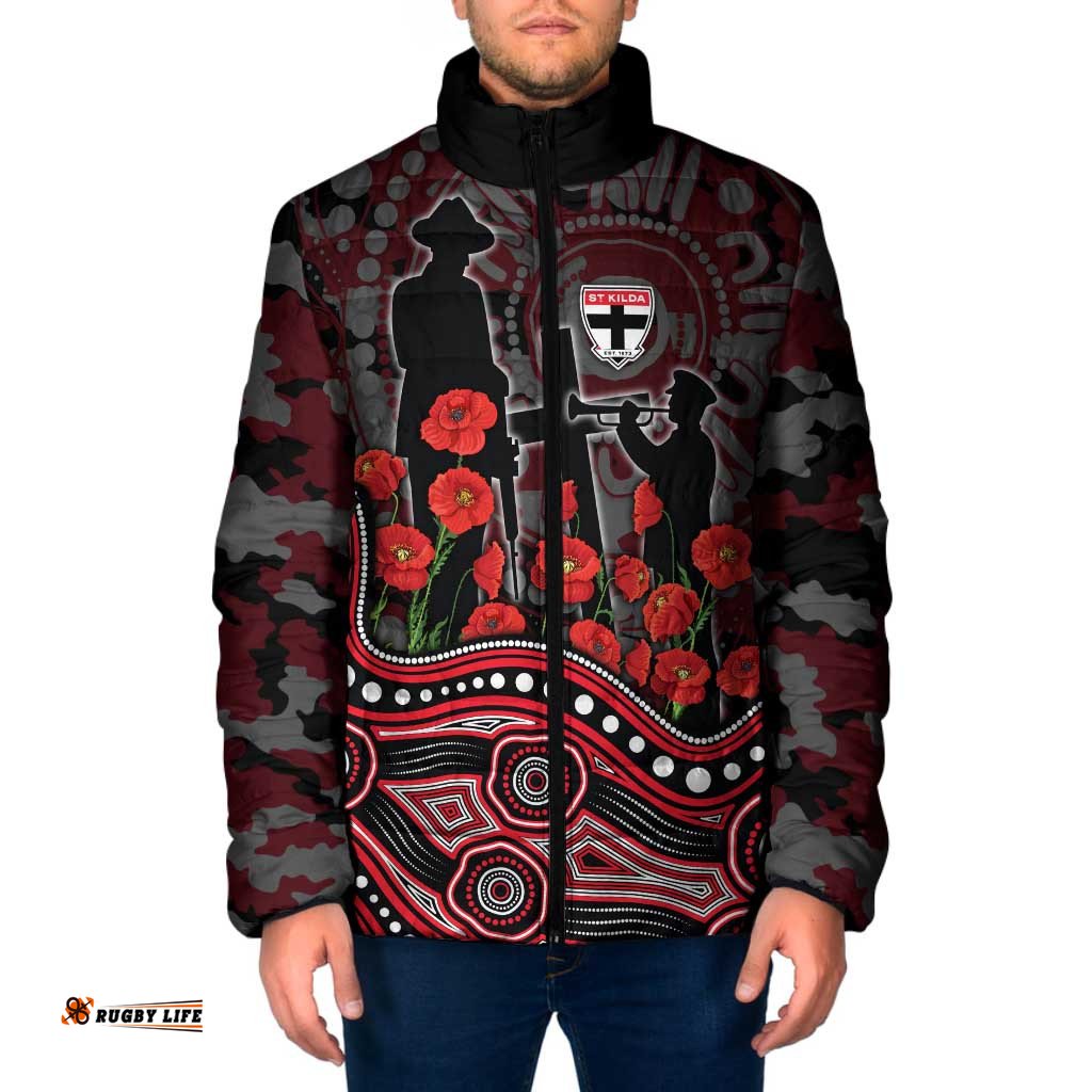 St Kilda Saints ANZAC Day Padded Jacket Indigenous Dot Art with Poppy Flower Tribute TS04