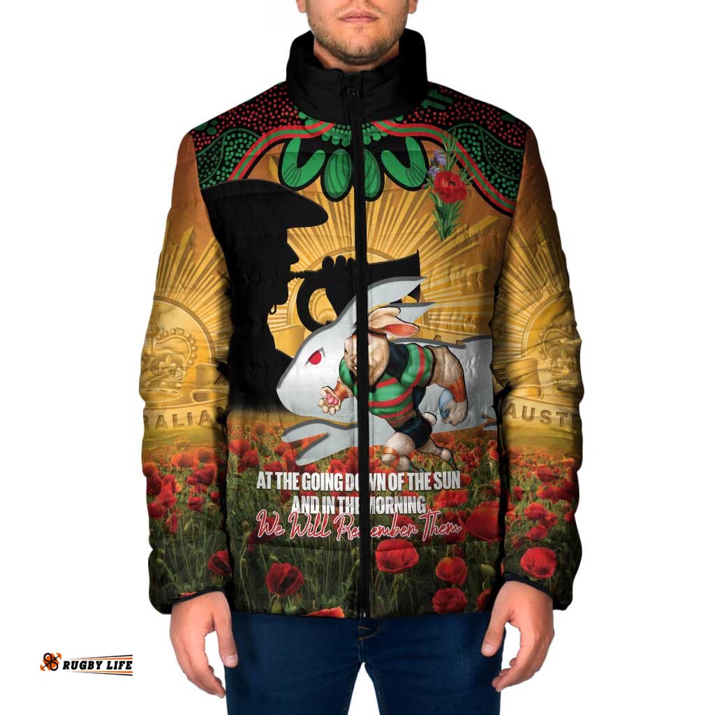 Personalised Rabbitohs Rugby ANZAC Day Padded Jacket Last Post Poppy We Will Remember Them LT14