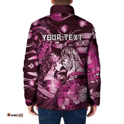 Personalised Maori Romantic Valentine Padded Jacket The Hongi Kiss Pink Galaxy DT05