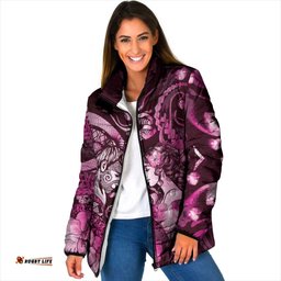Personalised Maori Romantic Valentine Padded Jacket The Hongi Kiss Pink Galaxy DT05
