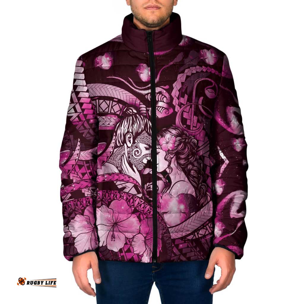 Personalised Maori Romantic Valentine Padded Jacket The Hongi Kiss Pink Galaxy DT05