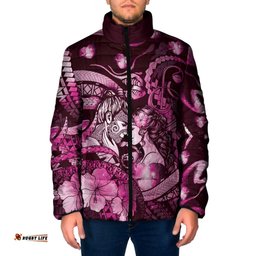 Personalised Maori Romantic Valentine Padded Jacket The Hongi Kiss Pink Galaxy DT05