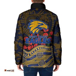 West Coast Eagles ANZAC Day Padded Jacket Indigenous Dot Art with Poppy Flower Tribute TS04