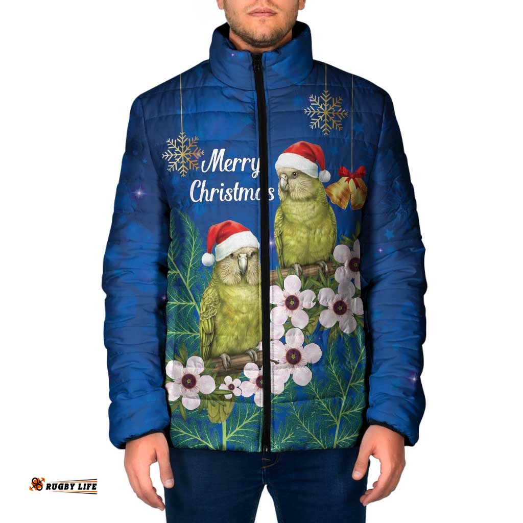 New Zealand Kakapo Christmas Padded Jacket Owl Parrot Santa Sliver Fern Manuka - Blue LT14