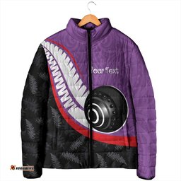 Personalised Aotearoa Lawn Bowls Padded Jacket Maori and Silver Fern Sporty Style Purple Color LT03