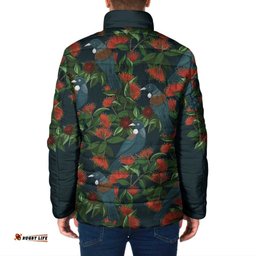 New Zealand Christmas Padded Jacket Romantic Tui Birds on Pohutukawa - Cobalt LT7