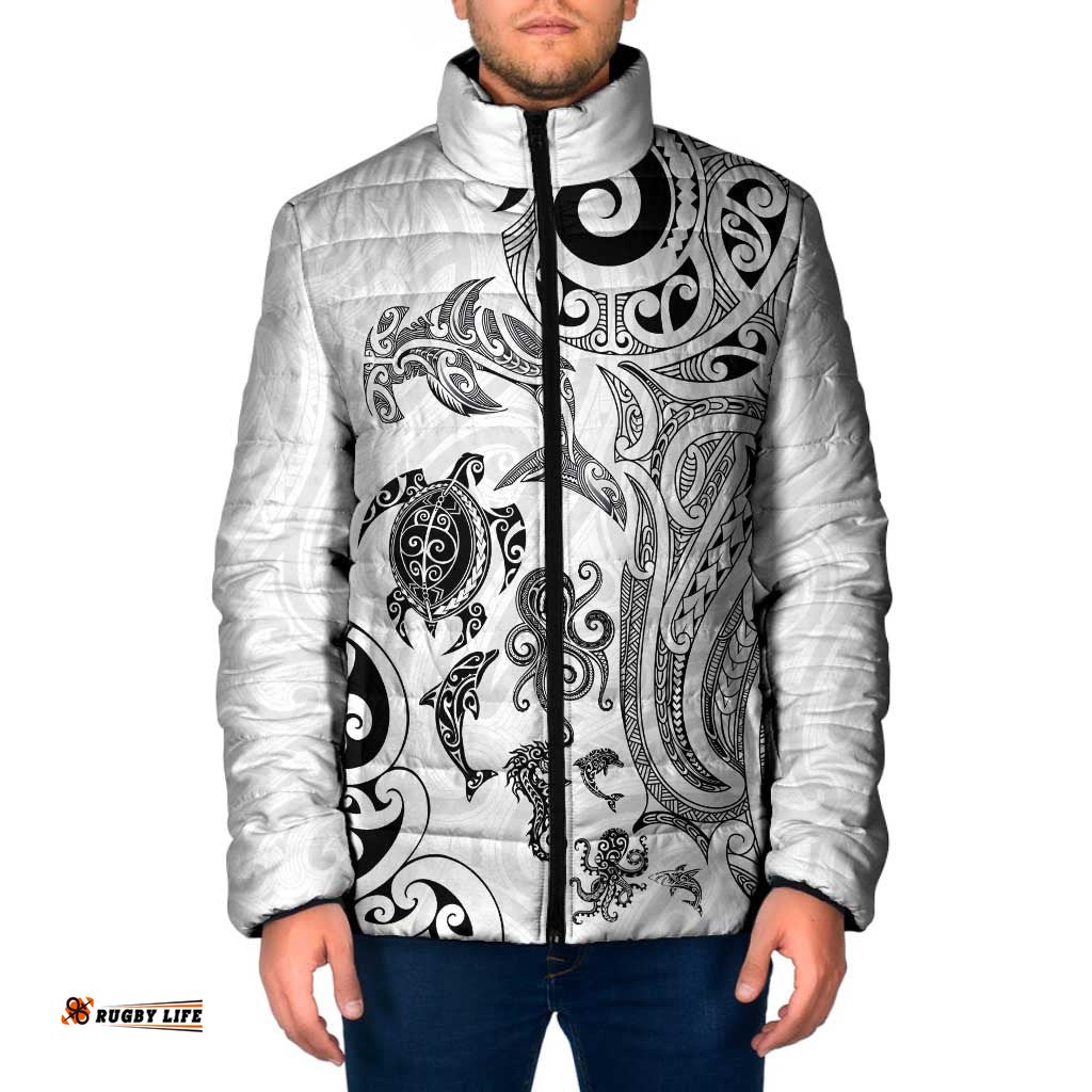 New Zealand Sea Animals with Maori Tribal Tattoo Padded Jacket White Color LT03