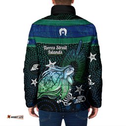 Torres Strait Islands Sea Turtle and Dhari Padded Jacket Oceanic Indigenous Dotwork Tribal Illustration TS04