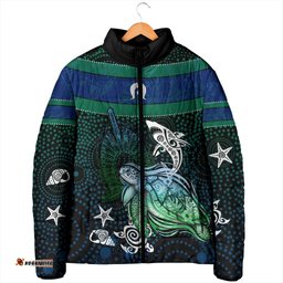 Torres Strait Islands Sea Turtle and Dhari Padded Jacket Oceanic Indigenous Dotwork Tribal Illustration TS04