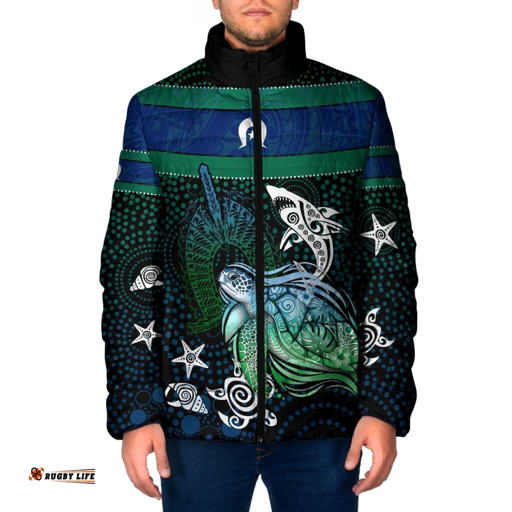 Torres Strait Islands Sea Turtle and Dhari Padded Jacket Oceanic Indigenous Dotwork Tribal Illustration TS04