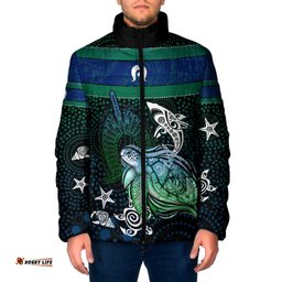 Torres Strait Islands Sea Turtle and Dhari Padded Jacket Oceanic Indigenous Dotwork Tribal Illustration TS04