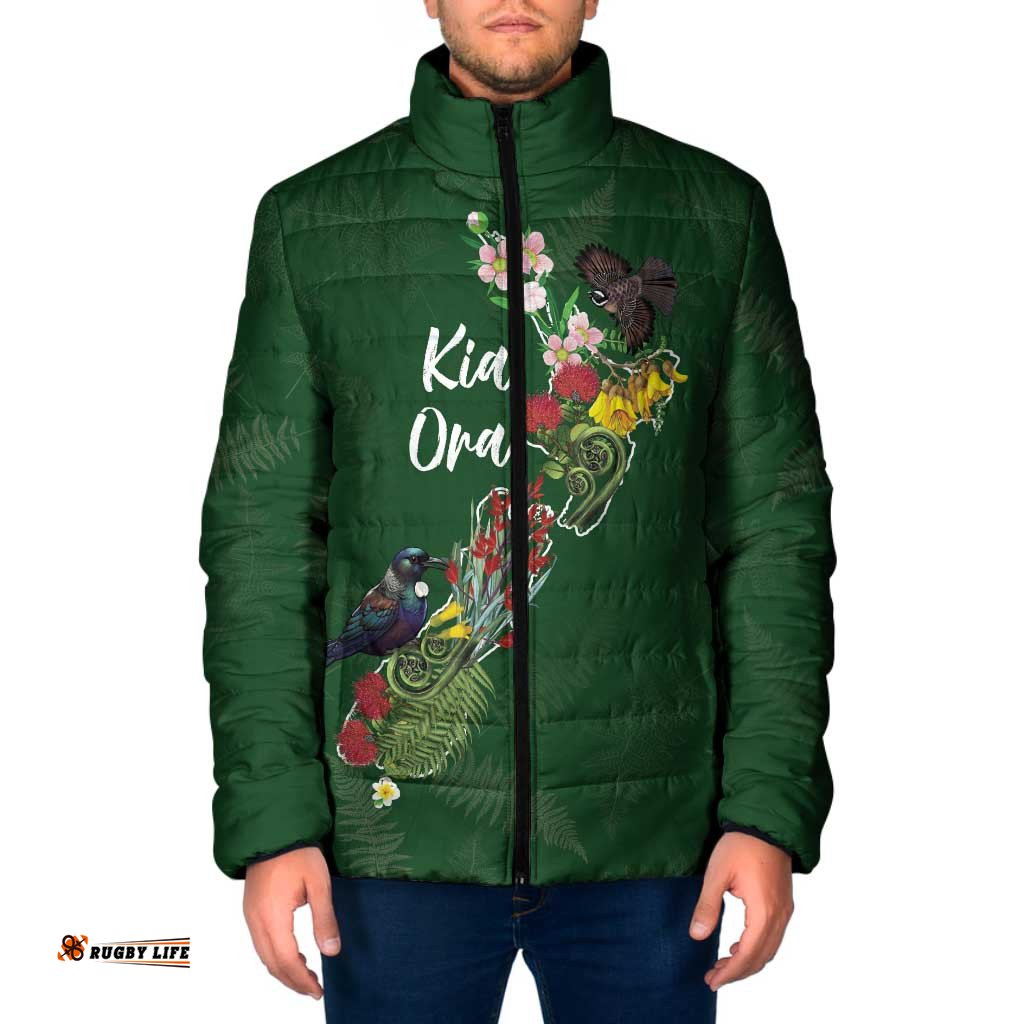 Kia Ora New Zealand Floral Personalized Padded Jacket Sage Green LT7