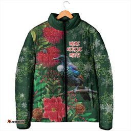 Tui Meri Kirihimete Personalised Padded Jacket Pohutukawa Flowers Green Motif LT9