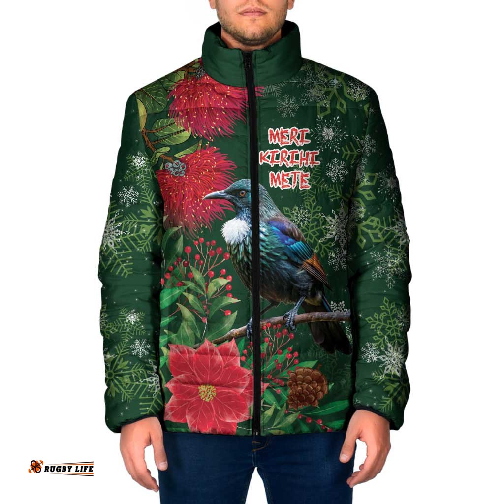 Tui Meri Kirihimete Personalised Padded Jacket Pohutukawa Flowers Green Motif LT9