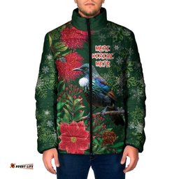 Tui Meri Kirihimete Personalised Padded Jacket Pohutukawa Flowers Green Motif LT9