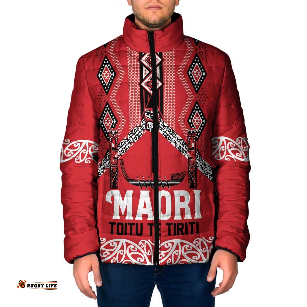 Toitu Te Tiriti Waitangi Padded Jacket Red Wharenui House LT9