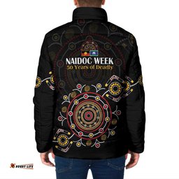 NAIDOC Deadly 50 Years Padded Jacket Aboriginal Black Gold Boomerang Art LT9