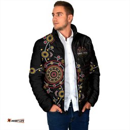 NAIDOC Deadly 50 Years Padded Jacket Aboriginal Black Gold Boomerang Art LT9