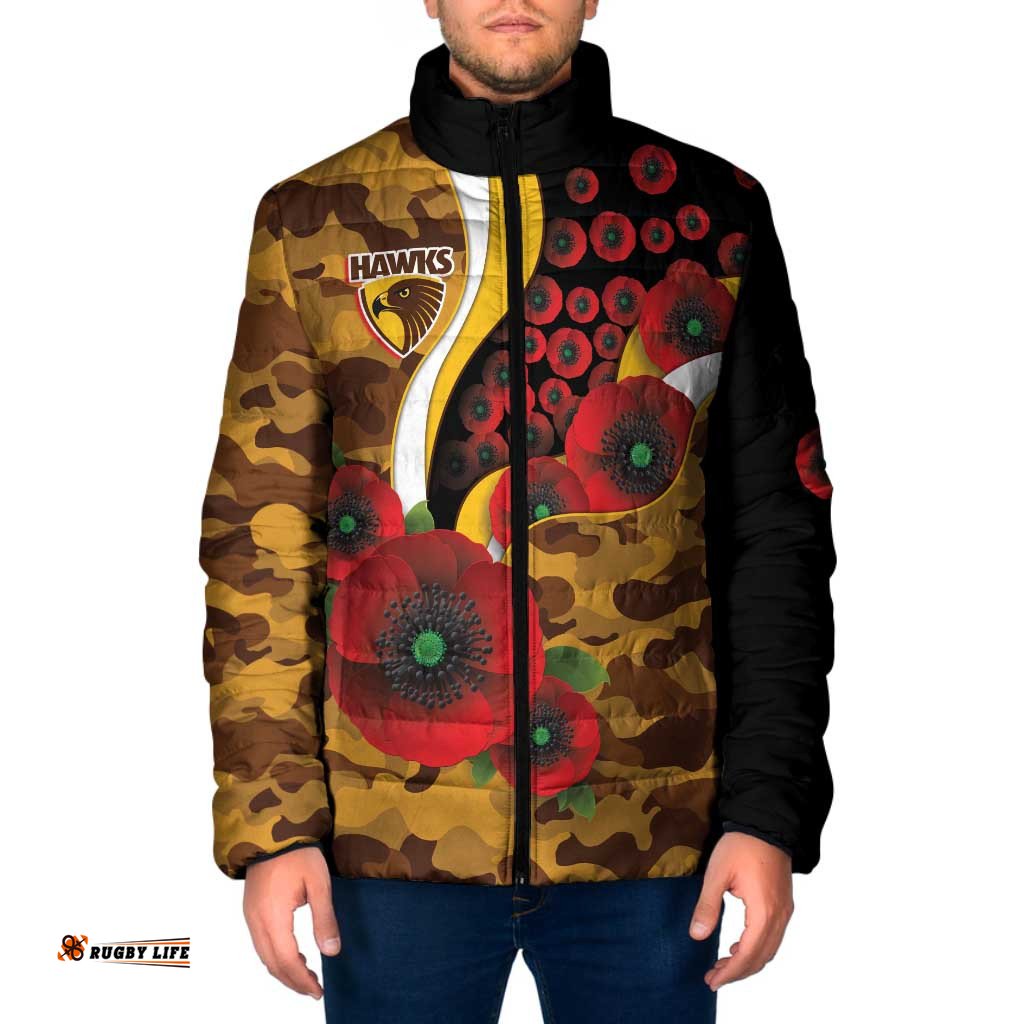 Hawthorn Hawks ANZAC Personalised Padded Jacket Lest We Forget Poppy Camo LT9