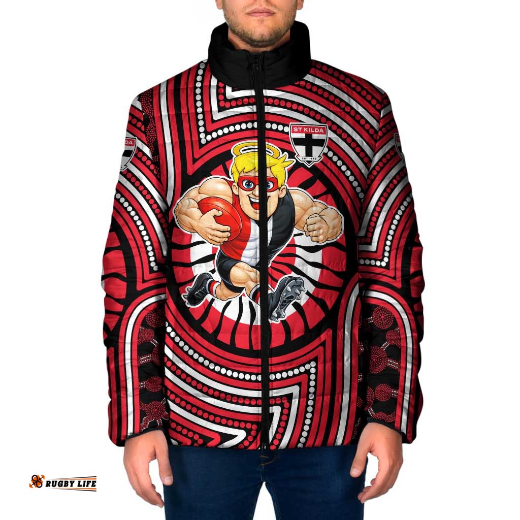 St Kilda Football Club Padded Jacket Indigenous Monochrome Dot Art Mascot Style TS04