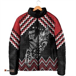 New Zealand Christmas Taniko Poutama Padded Jacket Mountainscape Maori Fern LT7