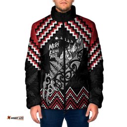 New Zealand Christmas Taniko Poutama Padded Jacket Mountainscape Maori Fern LT7