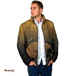 New Zealand Kiwi Bird Padded Jacket Silver Fern Mix Maori Pattern LT05