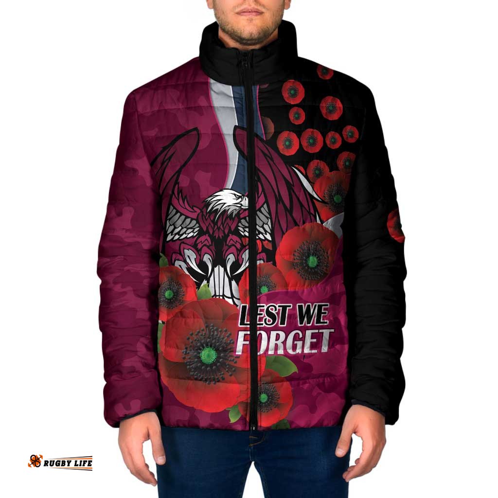 Manly Warringah Sea Eagles ANZAC Personalised Padded Jacket Lest We Forget Poppy Camo LT9