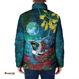 New Zealand Tui Bird Padded Jacket Maori Koru With Pohutukawa Galaxy Style LT05
