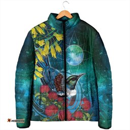New Zealand Tui Bird Padded Jacket Maori Koru With Pohutukawa Galaxy Style LT05