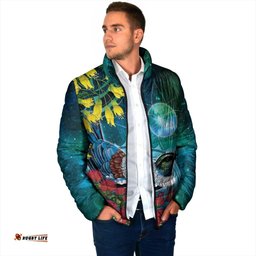 New Zealand Tui Bird Padded Jacket Maori Koru With Pohutukawa Galaxy Style LT05