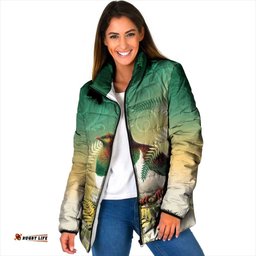 New Zealand Pigeon Kereru Padded Jacket Maori Fern Art Green Gradient LT05