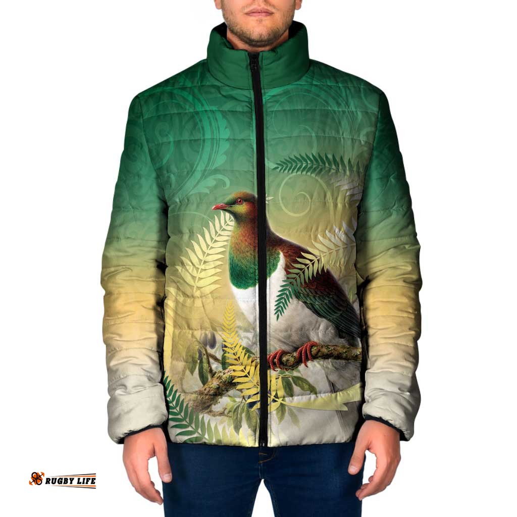 New Zealand Pigeon Kereru Padded Jacket Maori Fern Art Green Gradient LT05