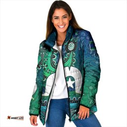 Torres Strait Islands Padded Jacket Dhari Emblem Vibrant Teal Indigenous TS04