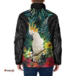 Sulphur-crested Cockatoo New Zealand Padded Jacket Paua Shell Aotearoa Maori Tropical Flowers LT14